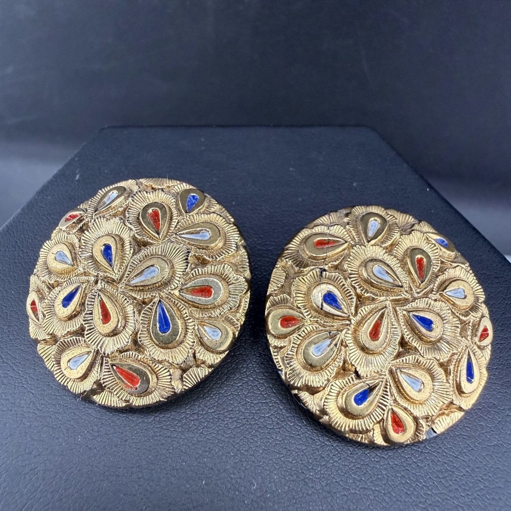 Vintage Estate Clip On‎ Earrings Gold Patriotic Red White Blue Glass Round